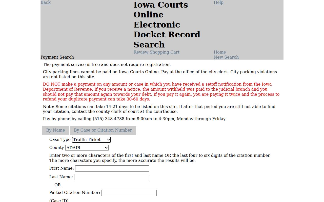 Delaware County traffic warrant citation payment search fields